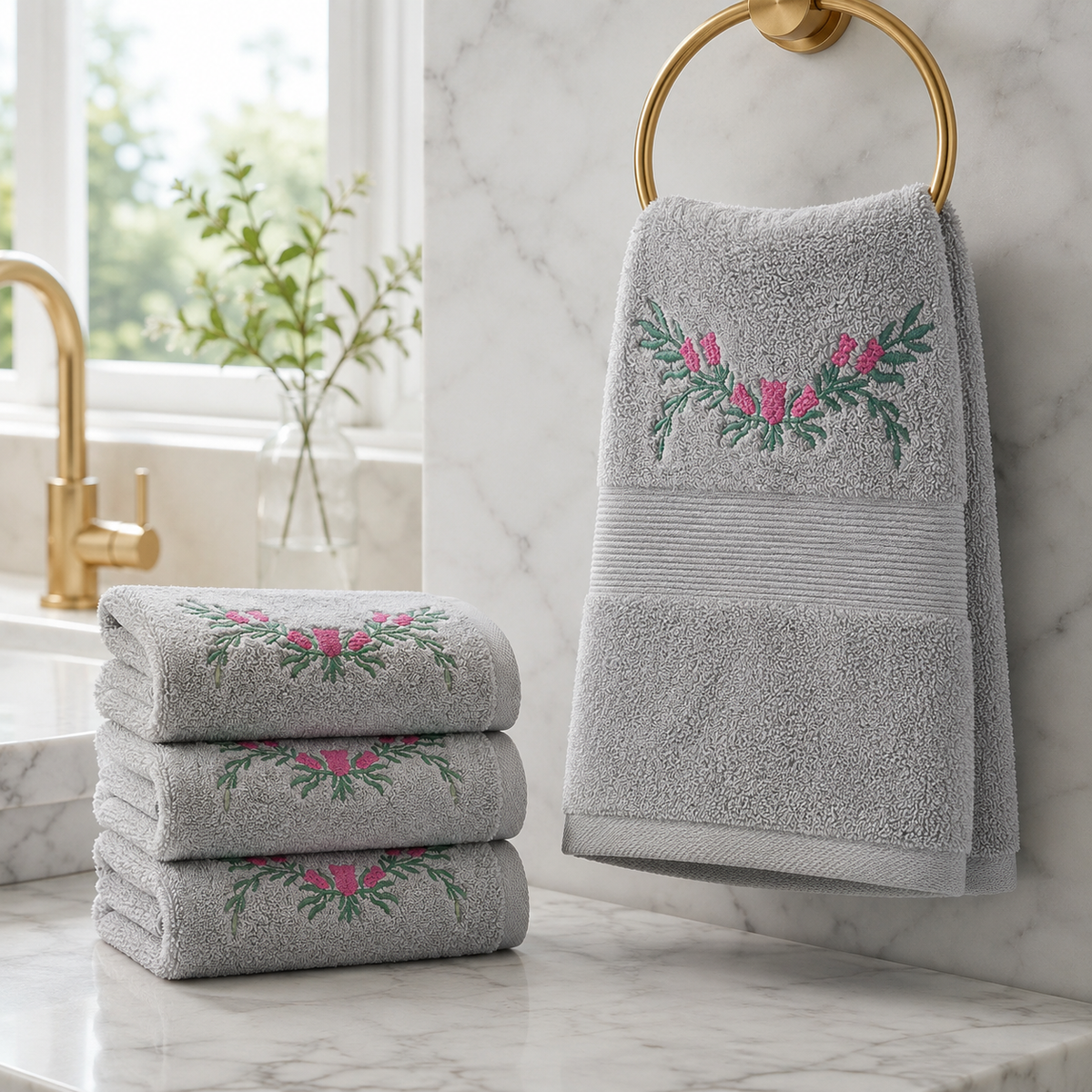 Roselle Silver Grey Embroidered Face Towels